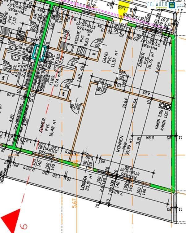 Detaillierter Grundriss der Wohnung mit Zimmern, Loggia und Bemaßungen.
