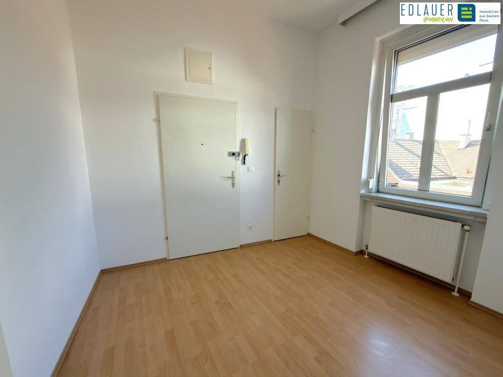 Eingangsbereich mit Laminatboden, zwei Türen und einem Fenster, hell und funktional.