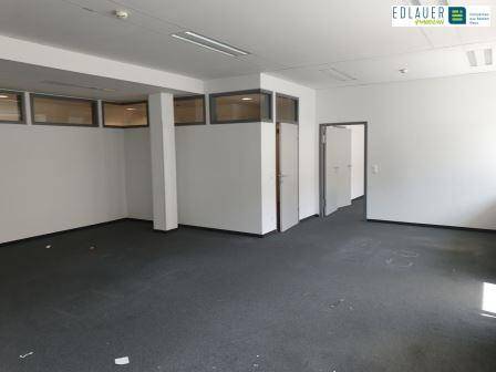 Heller Büroraum mit Teppichboden, weißen Wänden und internen Fenstern, die Licht in angrenzende Bereiche lassen.