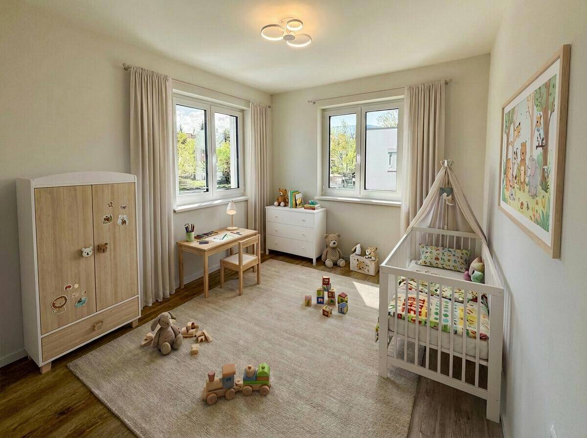 Freundliches Kinderzimmer mit Babybett, Schrank, Schreibtisch und Spielzeug, hell und einladend.