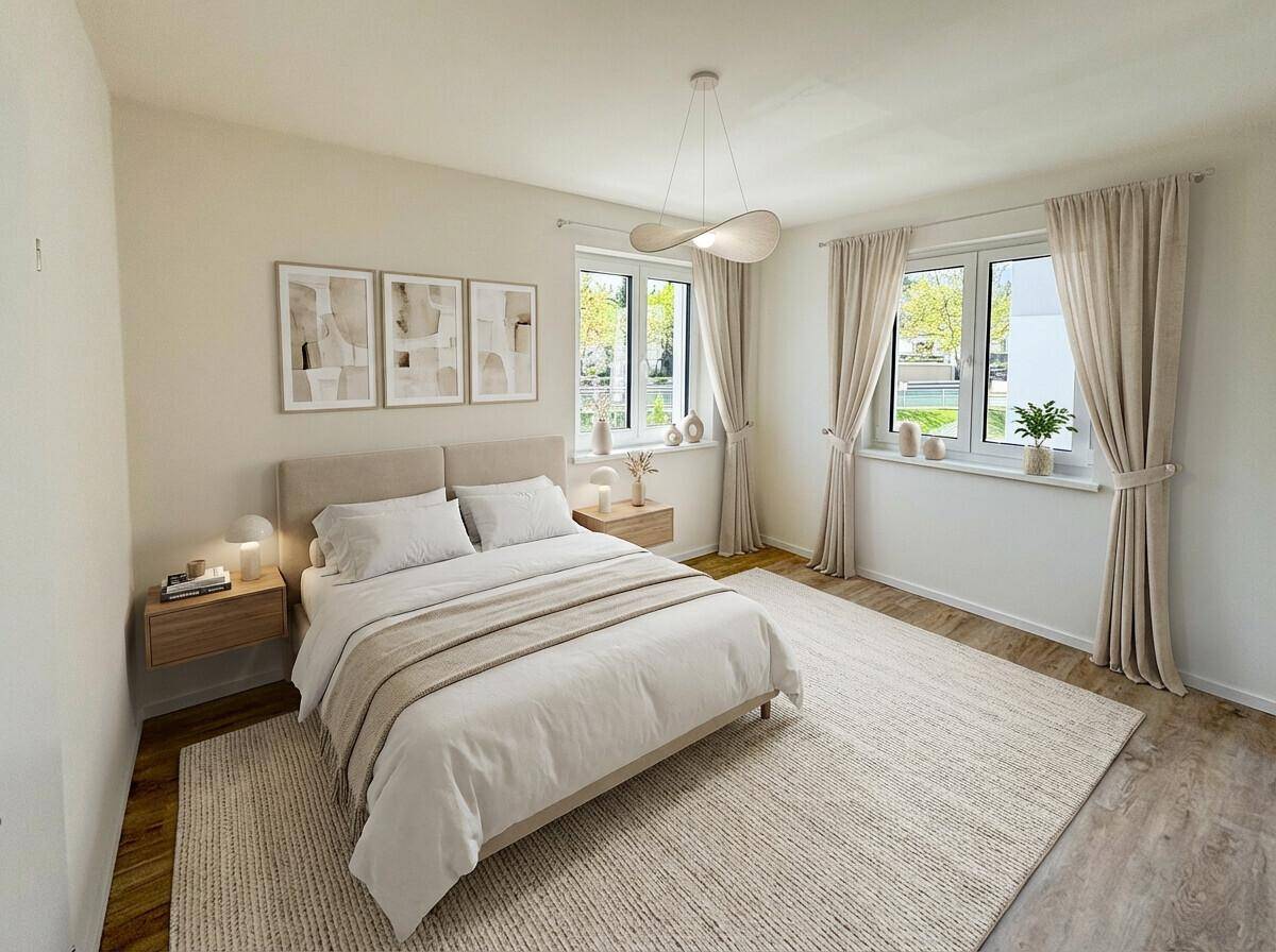 Helles Schlafzimmer mit Doppelbett, Nachttischen und großen Fenstern mit Blick ins Grüne.
