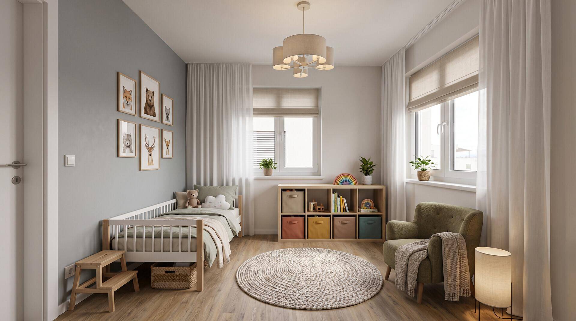 Helles Kinderzimmer mit Holzboden, gemütlicher Einrichtung und verspielter Dekoration.