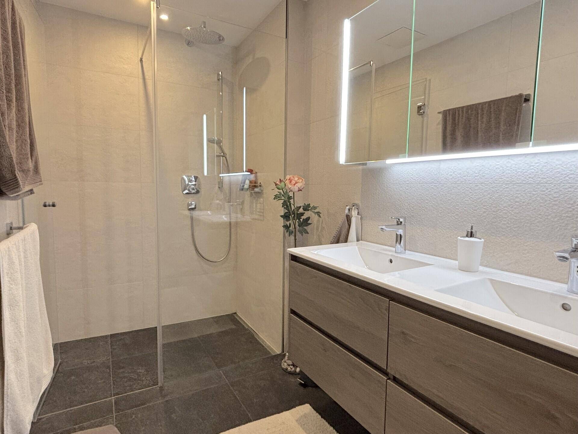Modernes Badezimmer mit Doppelwaschbecken, großer begehbarer Dusche und beleuchtetem Spiegelschrank.