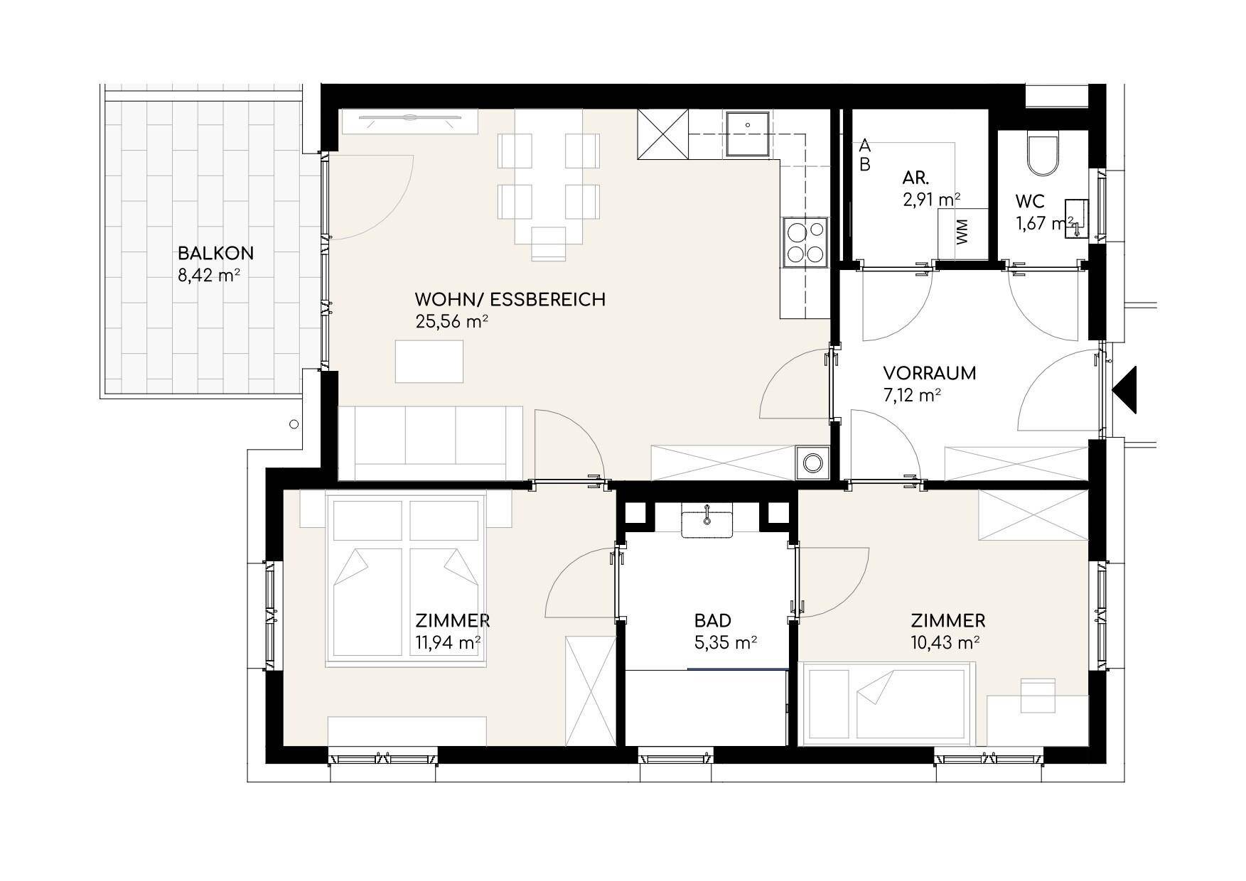 Grundriss einer Wohnung mit Wohn-/Essbereich, zwei Zimmern, Bad und Balkon.