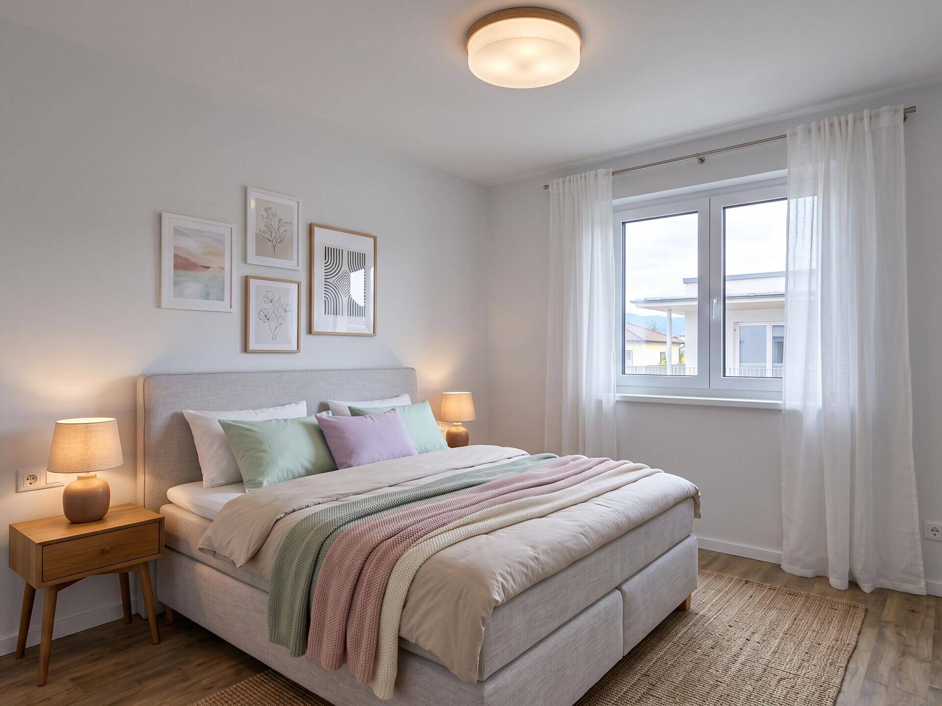 Gemütliches Schlafzimmer mit Doppelbett, Holzboden und Fenster, das viel Tageslicht hereinlässt.