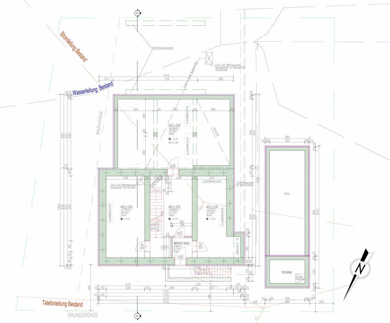 Grundriss des Kellergeschosses mit mehreren Kellerräumen und Technikbereich.