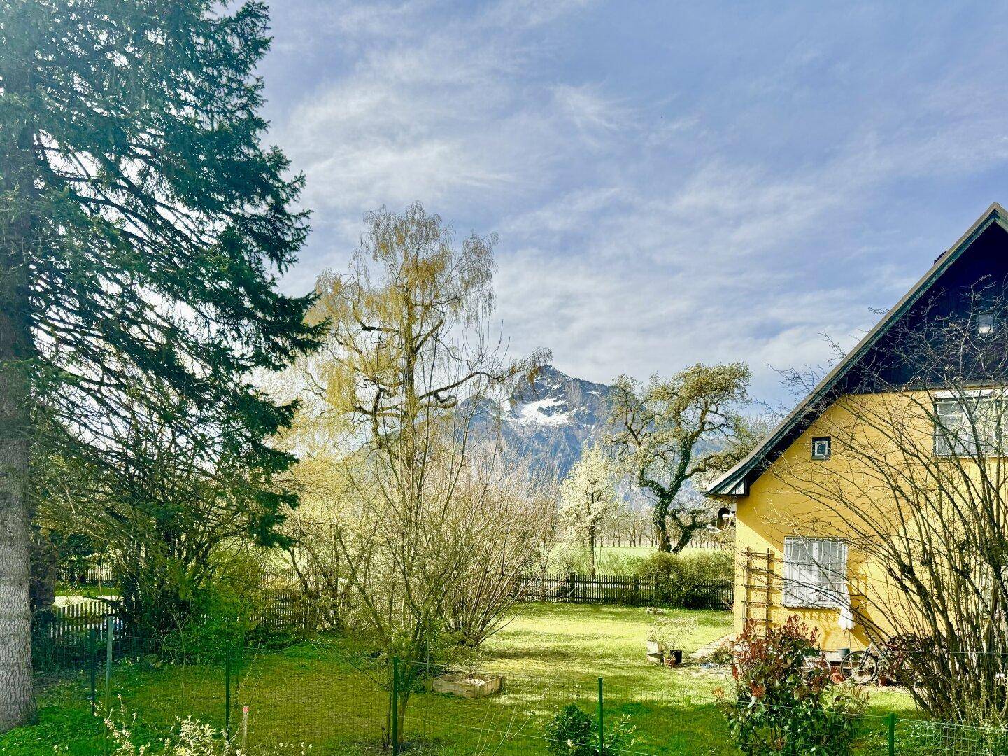 Gelbes Haus mit gepflegtem Garten, hohen Bäumen und beeindruckendem Bergblick im Hintergrund.