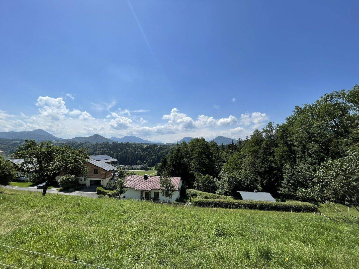 Panoramablick über eine sonnige Wiesenlandschaft mit vereinzelten Häusern und einer beeindruckenden Bergkulisse am Horizont.