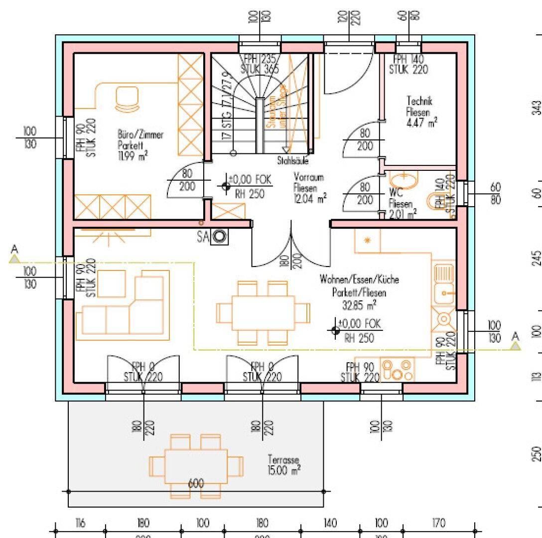 Grundriss des Erdgeschosses mit offenem Wohn-Essbereich, Küche, Büro und Zugang zur Terrasse.