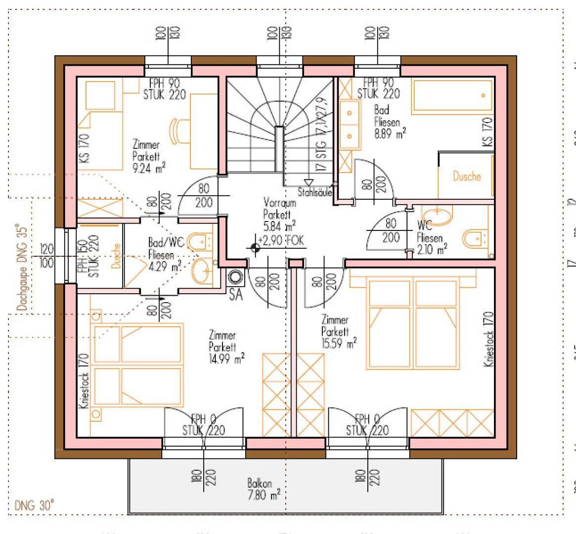 Grundriss des Obergeschosses mit mehreren Schlafzimmern, zwei Bädern und einem Balkon.