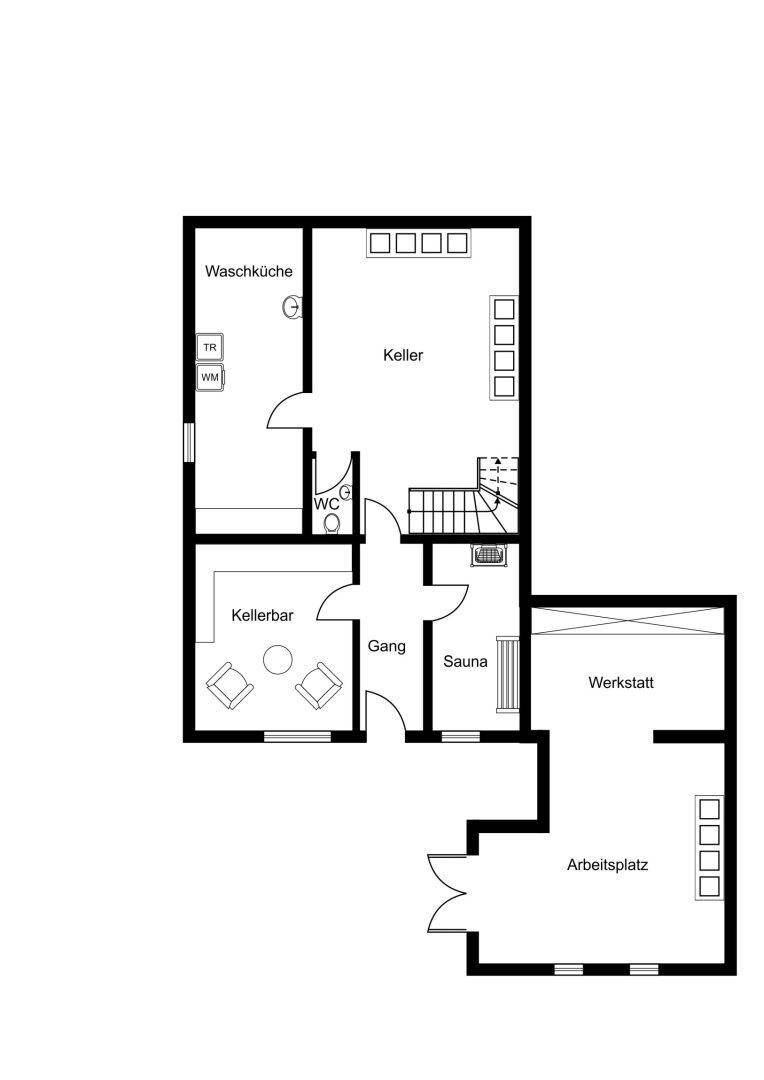 Grundriss des Kellers mit Waschküche, Kellerbar, Sauna, Abstellraum und Arbeitsplatz.