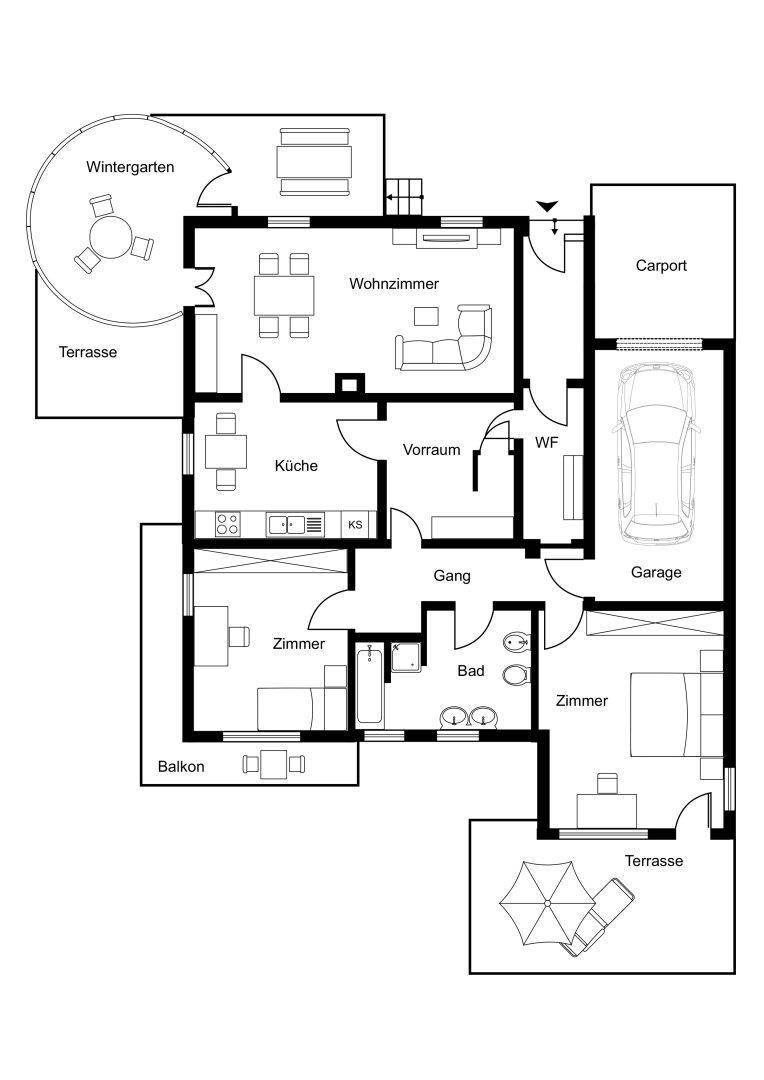 Grundriss des Erdgeschosses mit Wohnzimmer, Küche, Wintergarten, Terrasse, Garage und Carport.