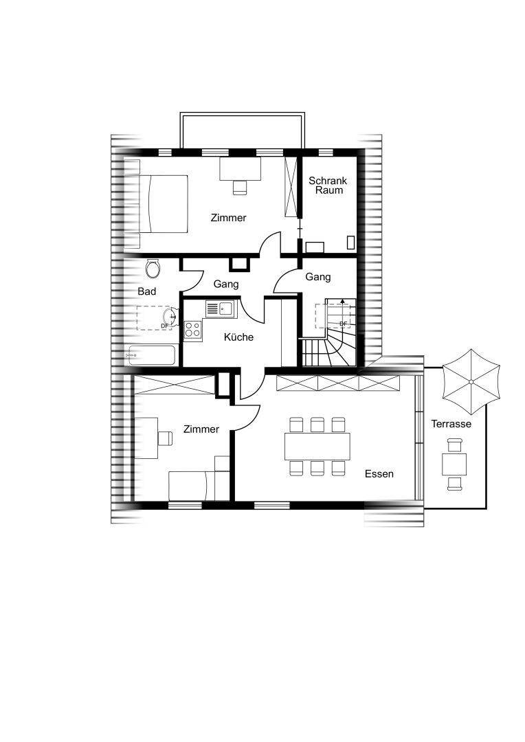 Grundriss des Obergeschosses mit Schlafzimmern, Küche, Essbereich, Terrasse und Balkon.