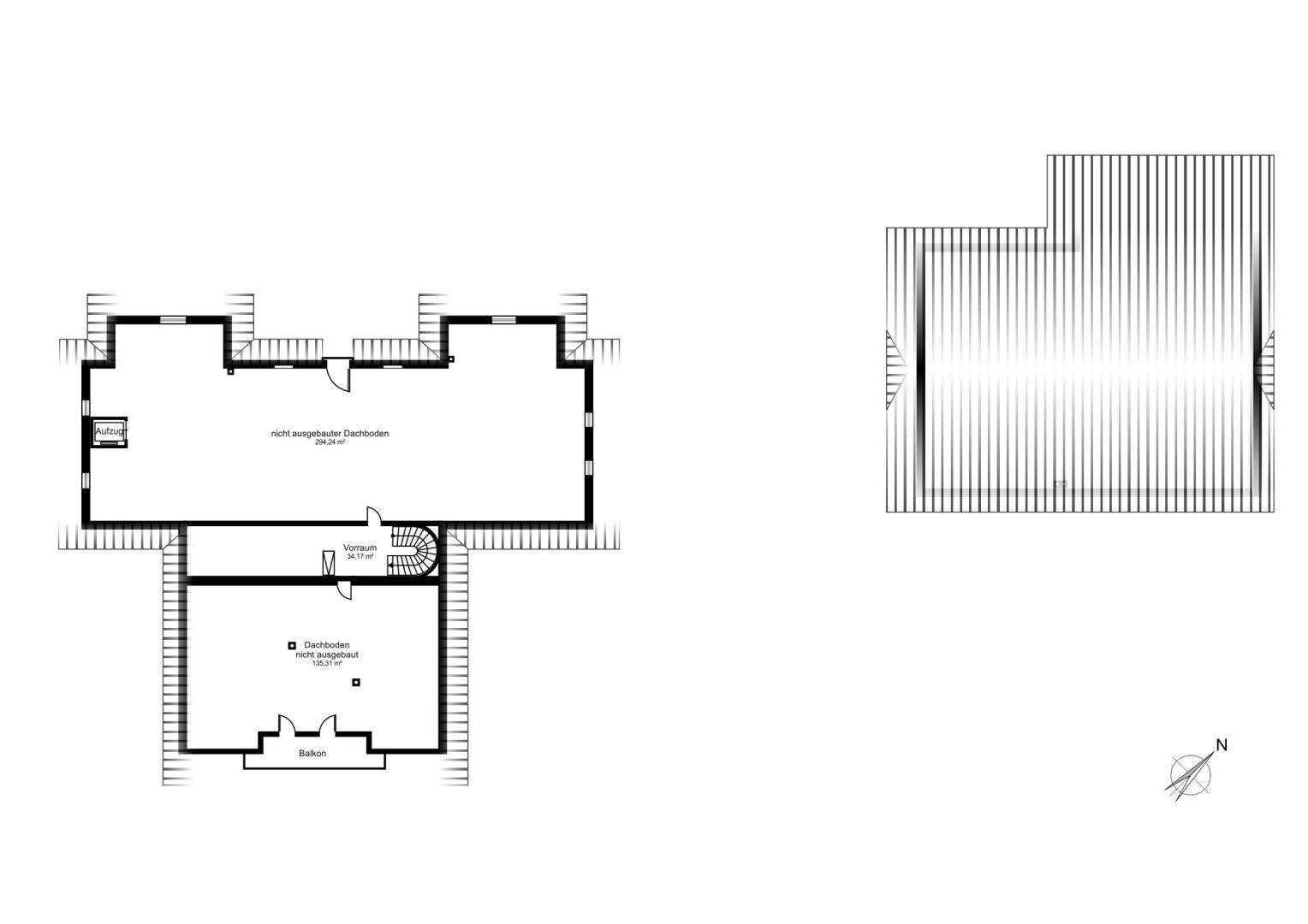 Grundriss des Dachgeschosses mit nicht ausgebauten Flächen und Zugang zum Balkon.