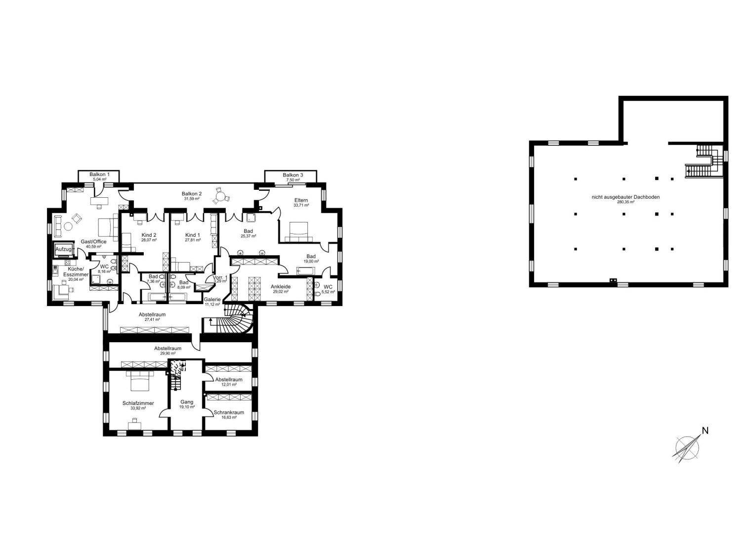 Grundriss des Obergeschosses mit mehreren Schlafzimmern, Bädern und Balkonen.
