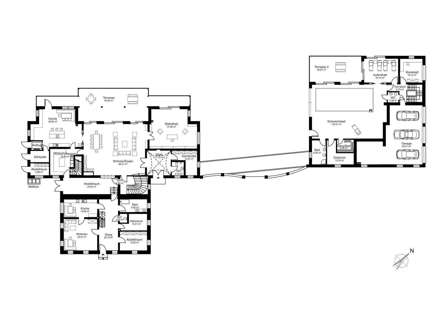 Grundriss des Erdgeschosses mit Wohn-Essbereich, Küche, Terrasse und Schwimmbad.