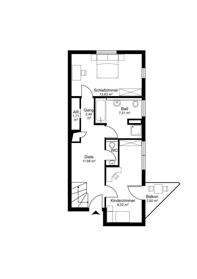 Grundriss des Obergeschosses mit Schlafzimmer, Kinderzimmer, Bad, separatem WC und Balkon.