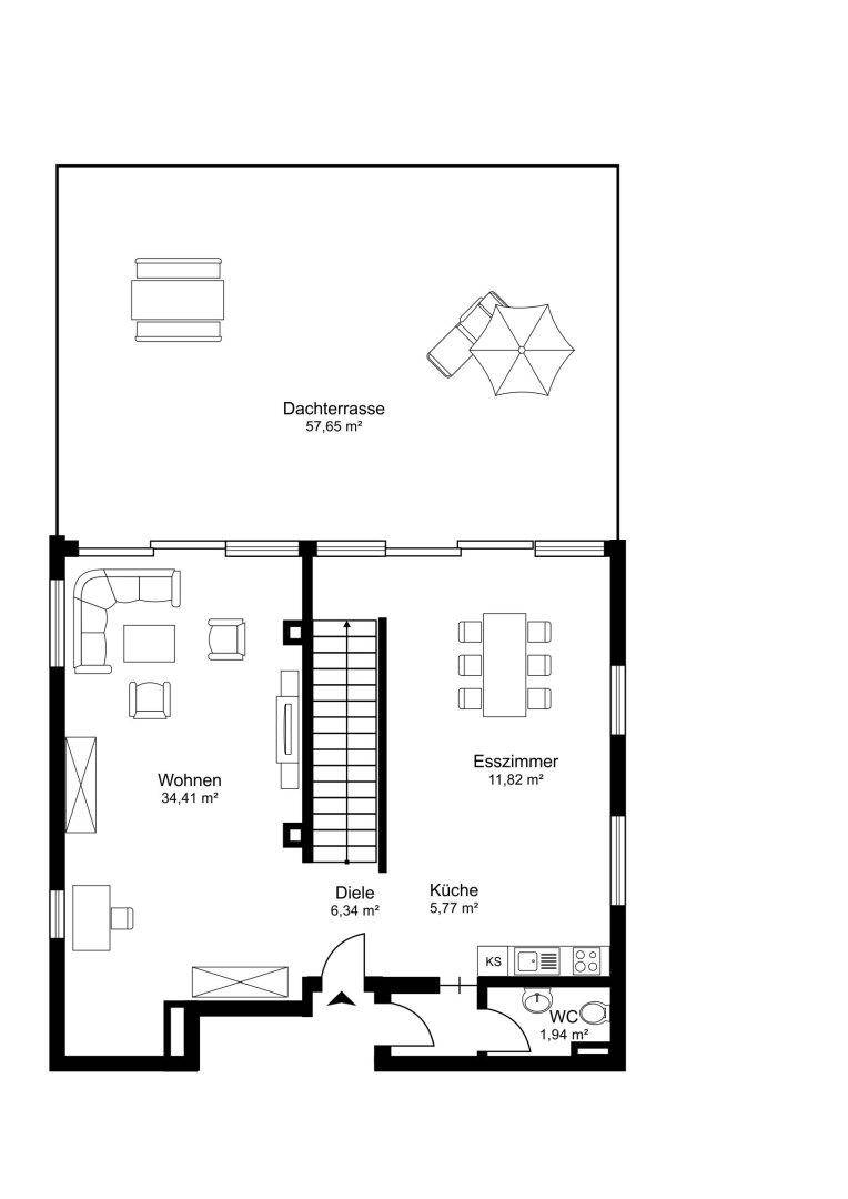 Grundriss des Erdgeschosses mit Wohnzimmer, Esszimmer, Küche, WC und großer Dachterrasse.