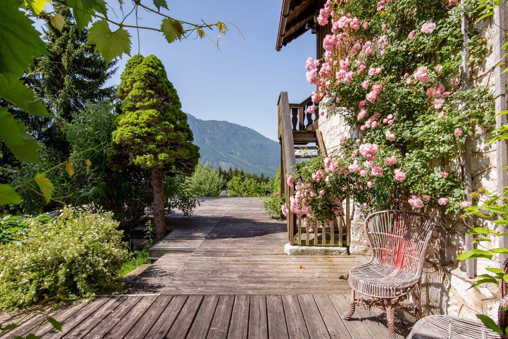 Sonniger Holzdeck-Bereich mit blühenden Kletterrosen und Blick auf die umliegende Natur.
