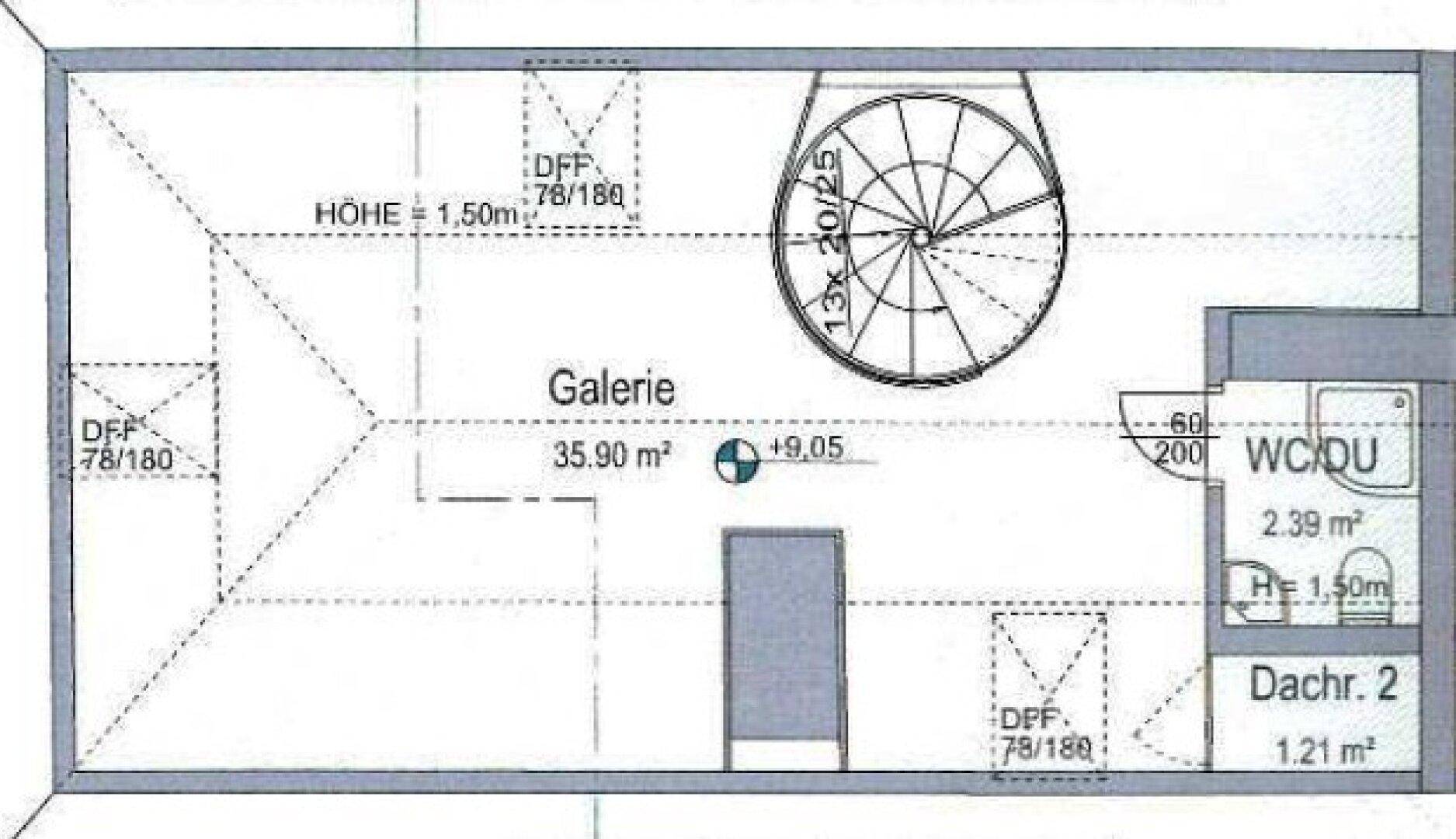 Grundriss der Galerieebene mit Wendeltreppe, Dachfenstern und WC/Dusche.