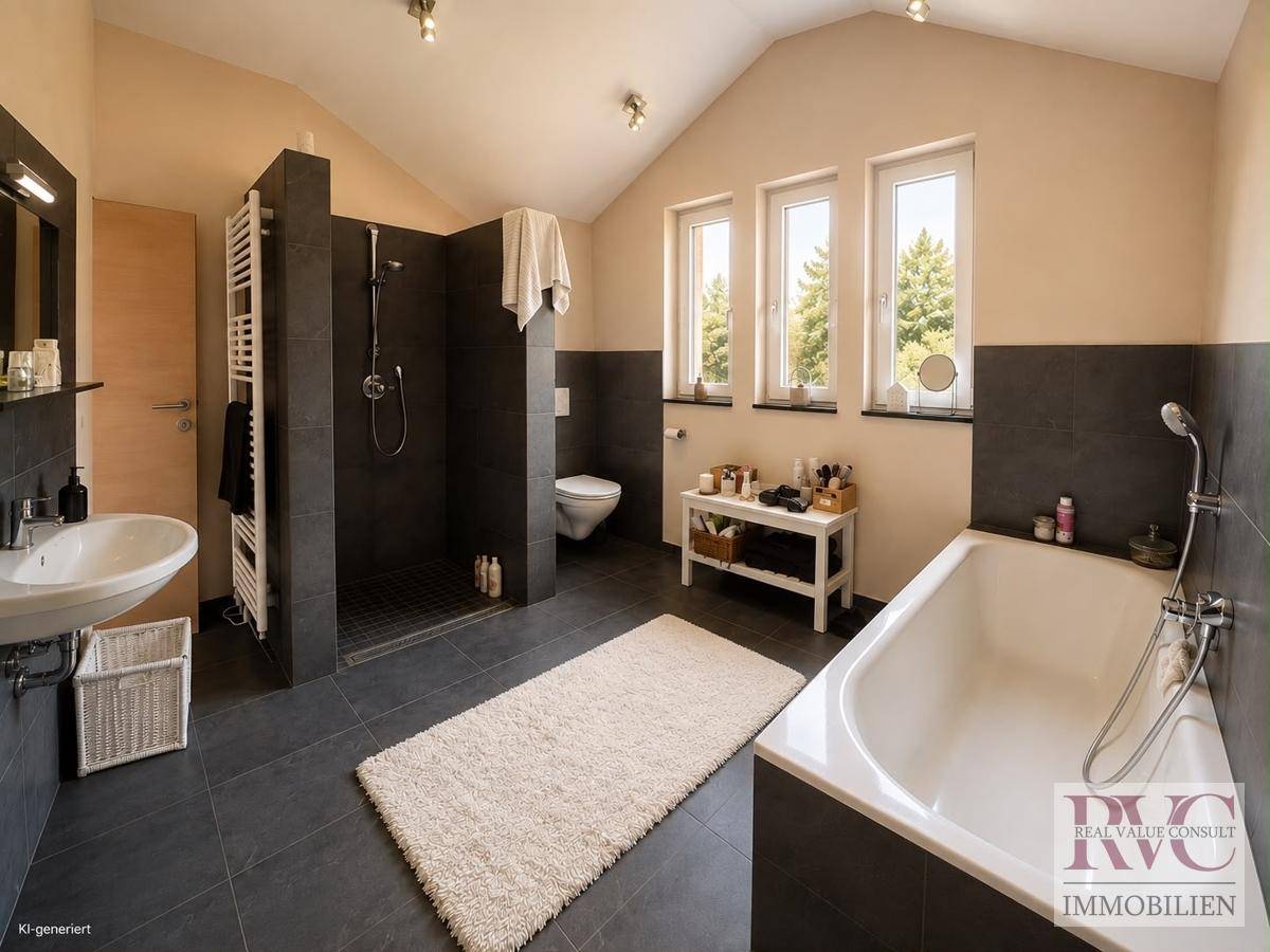 Modernes Badezimmer mit großer begehbarer Dusche, Badewanne und Dachschrägenfenstern.