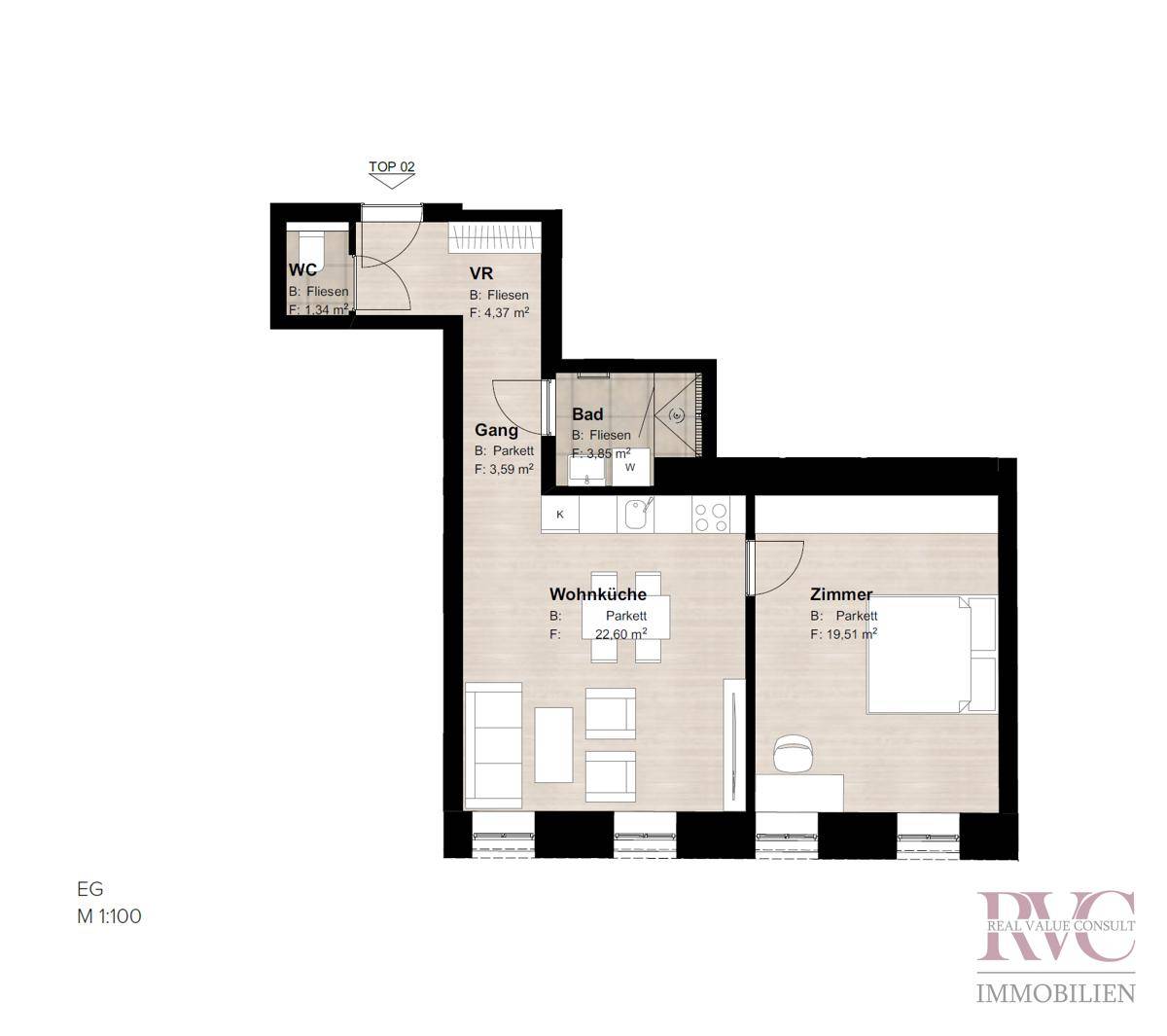 Grundriss der Wohnung mit Wohnküche, Schlafzimmer, Bad und separatem WC.
