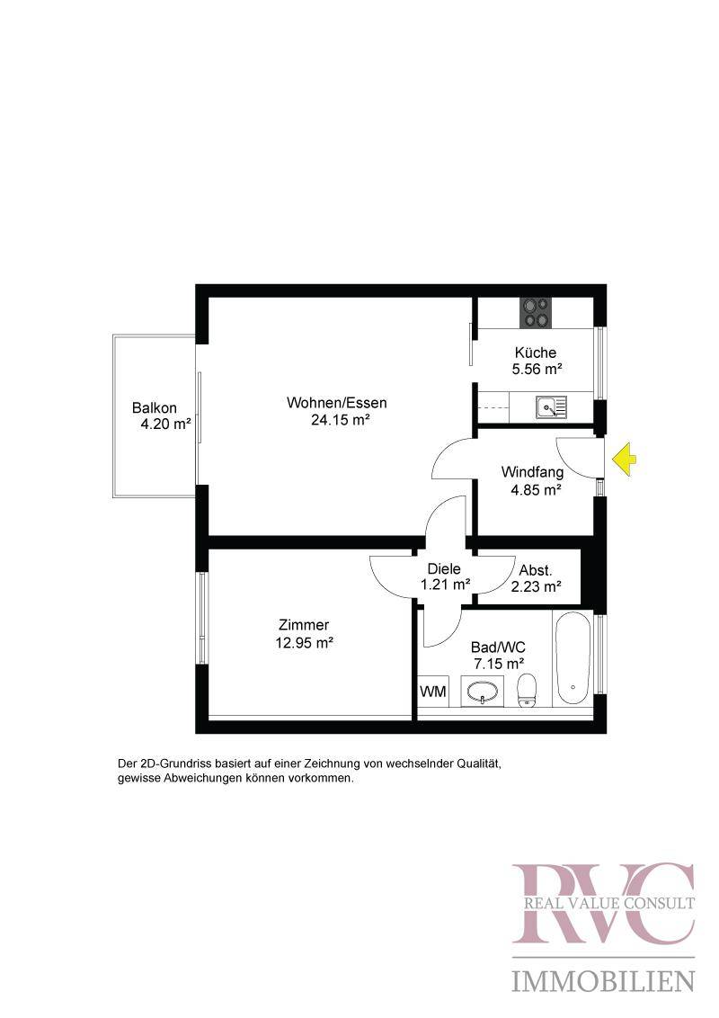 Schwarz-weißer Grundriss einer Wohnung mit Balkon, Wohn-/Essbereich und einem Zimmer.