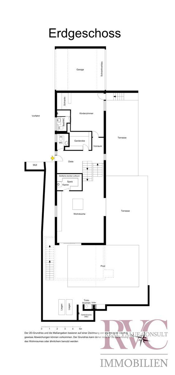 Grundriss des Erdgeschosses mit Garage, Wohnzimmer, Küche und Pool.