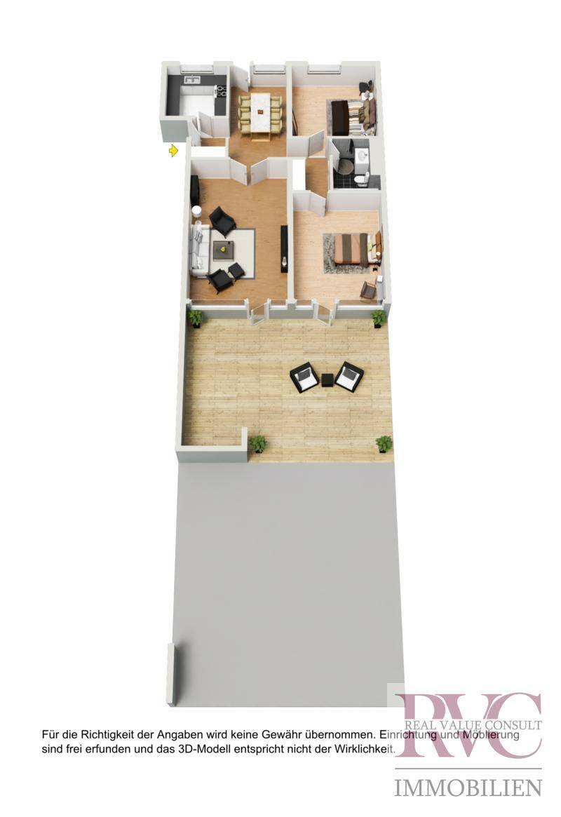 Möblierter 3D-Grundriss zur Veranschaulichung der Raumgestaltung und Nutzungsmöglichkeiten.