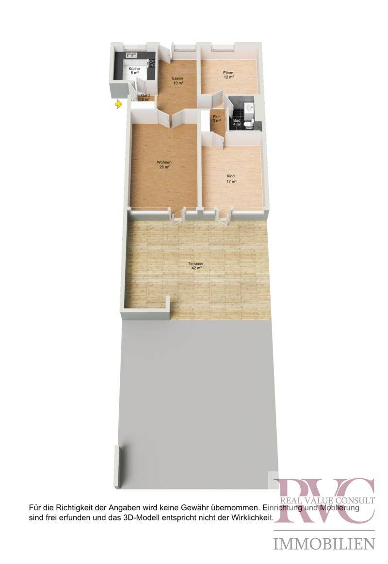 3D-Grundriss-Visualisierung der Wohnung mit angedeuteten Bodenbelägen und Raumaufteilung.