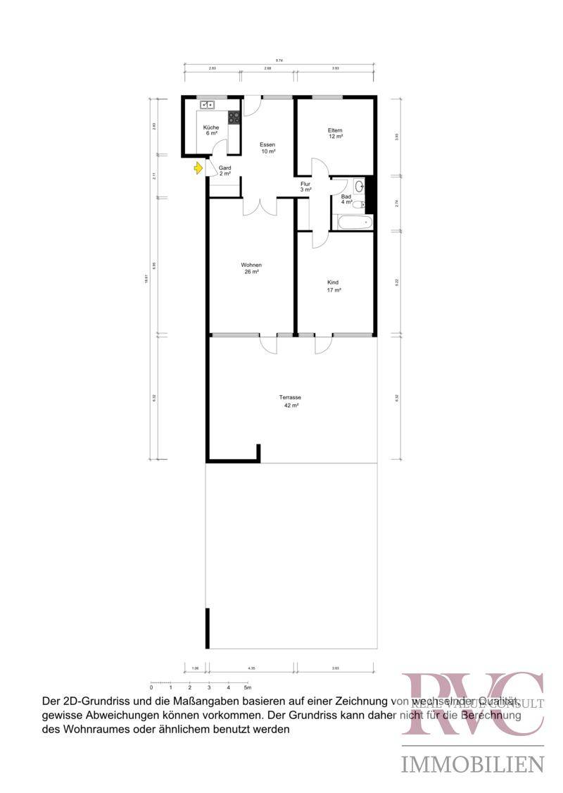 Detaillierter 2D-Grundriss mit Raumaufteilung und Maßen für die Wohnung.