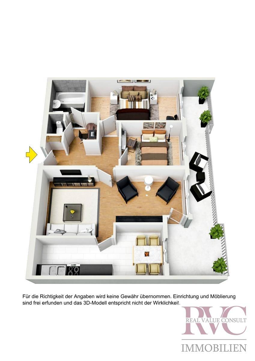 3D-Grundriss mit möblierten Räumen, Loggia und klarem Raumlayout.