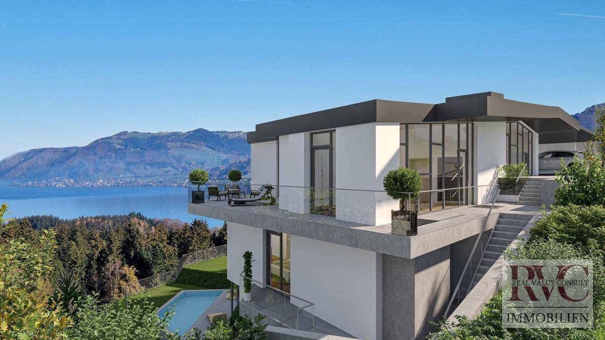 Moderne Villa mit Terrassen, Pool und atemberaubendem Seeblick in Hanglage.