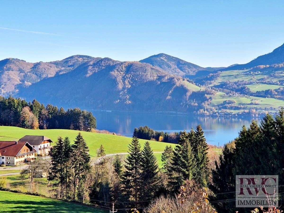 Panoramablick auf den See und die umliegende Berglandschaft mit grünen Wiesen.