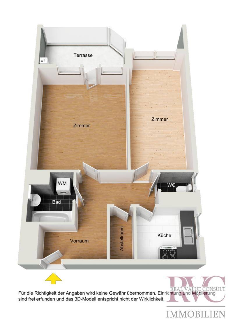 3D-Grundriss einer Wohnung mit Terrasse, zwei Zimmern, Bad und separatem WC.