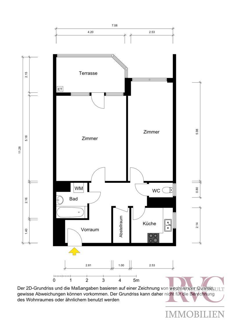 2D-Grundriss einer Wohnung mit Terrasse, zwei Zimmern, Bad und separatem WC.