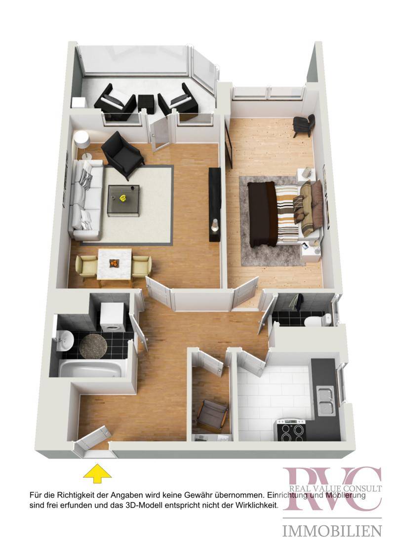 3D-Grundriss einer Wohnung mit Wohnzimmer, Schlafzimmer und Küche.