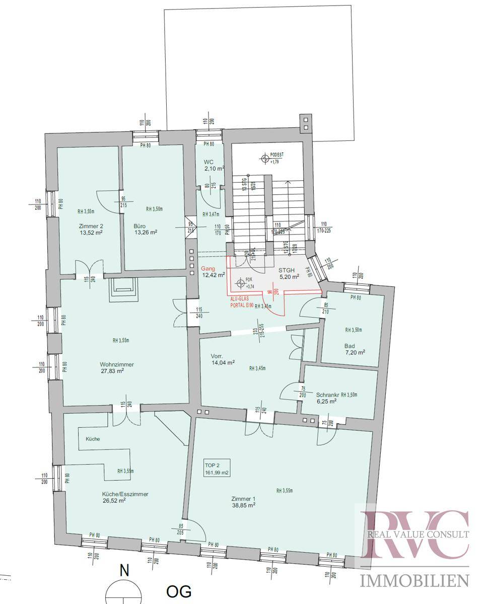 Detaillierter Grundriss der Wohnung mit mehreren Zimmern, Bad und separatem WC.