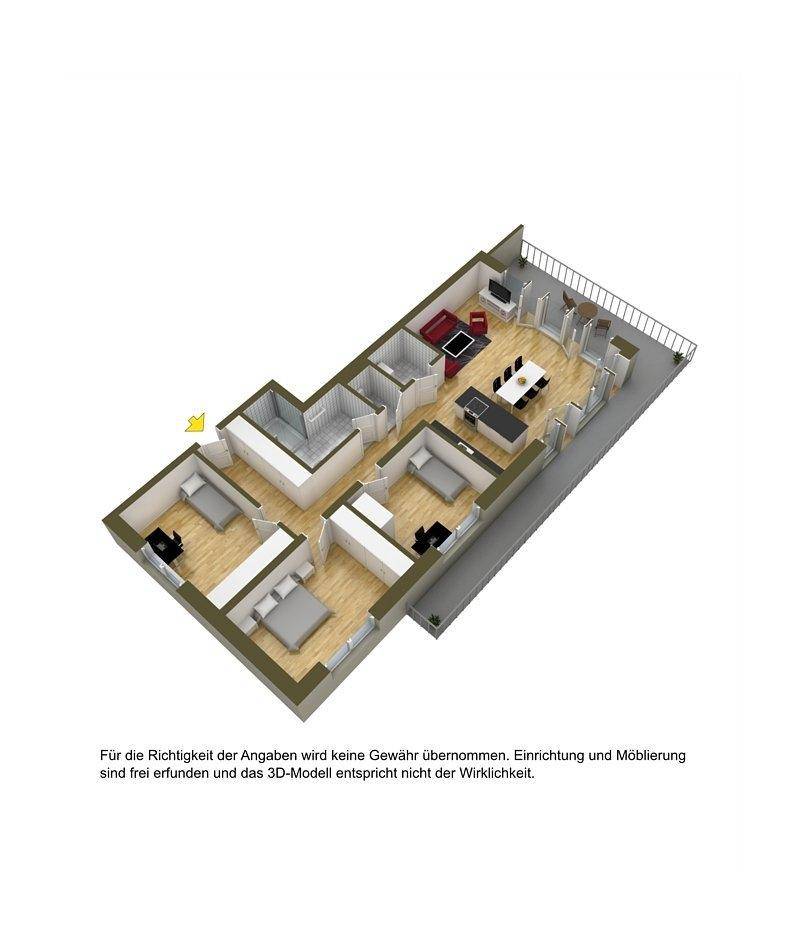 Dreidimensionaler Grundriss einer Wohnung mit mehreren Zimmern und Balkon.