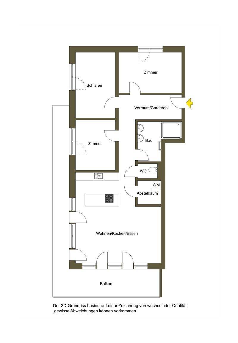 Zweidimensionaler Grundriss einer Wohnung mit Wohn-, Koch- und Essbereich sowie Balkon.