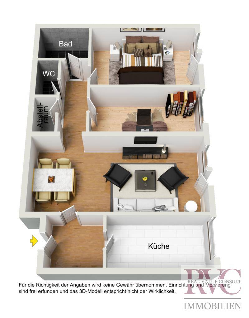 Möblierter 3D-Grundriss mit Schlafzimmer, Bad, WC, Wohn-/Essbereich und Küche.