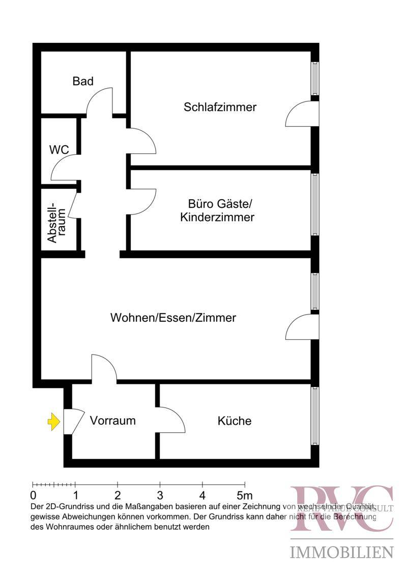 Schwarz-weißer Grundrissplan mit Aufteilung in Schlafzimmer, Bad, WC und Wohn-/Esszimmer.