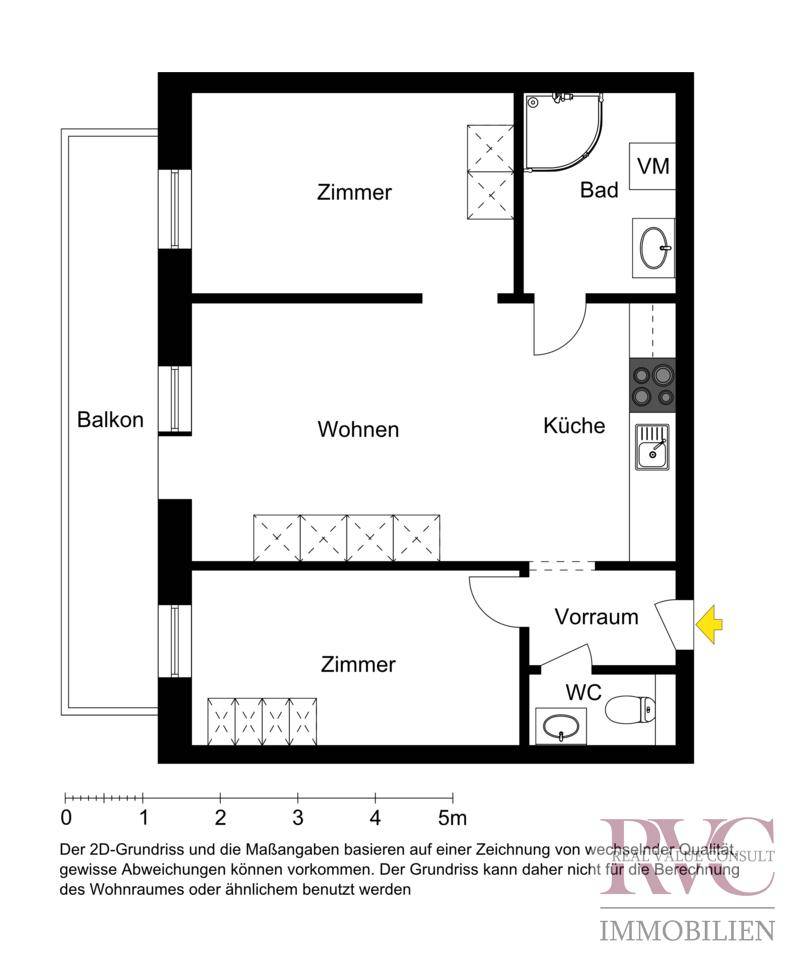 2D-Grundriss einer Wohnung mit Zimmern, Bad, WC, Küche und Balkon.