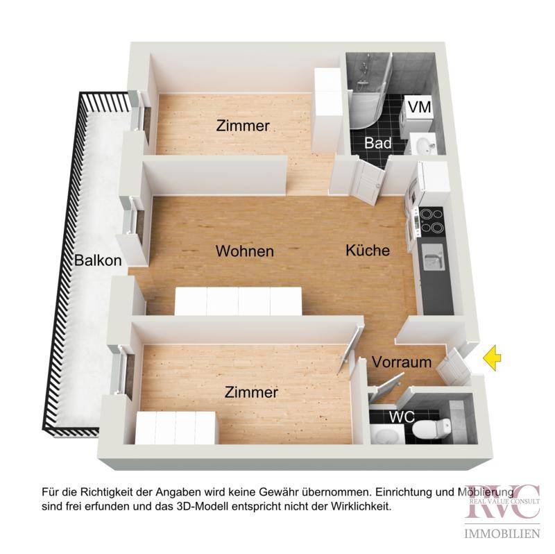 3D-Grundriss einer unmöblierten Wohnung mit Zimmern, Bad, WC, Küche und Balkon.