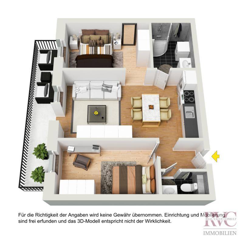 3D-Grundriss einer möblierten Wohnung mit Zimmern, Bad, WC, Küche und Balkon.