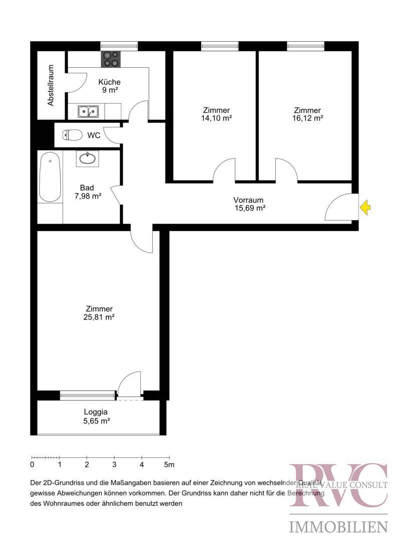 2D-Grundriss der Wohnung mit Raummaßen und Loggia.