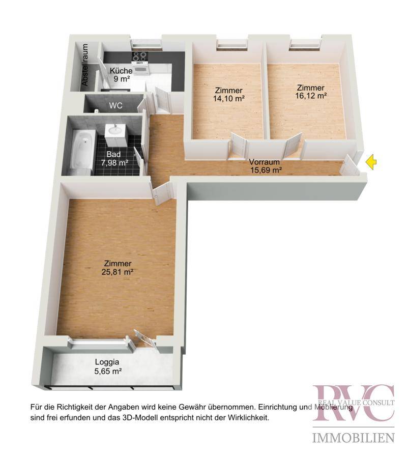 Grundriss der Wohnung mit Zimmeraufteilung, Loggia und separatem WC.