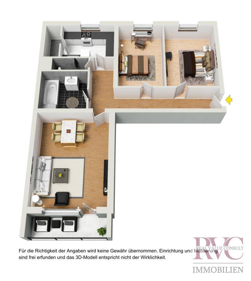 Möblierter 3D-Grundriss der Wohnung mit Einrichtungsvorschlägen.
