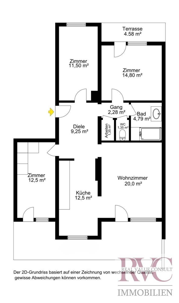 Grundriss des Apartments mit Zimmern, Bad, WC und Terrasse, Gesamtfläche 125m².