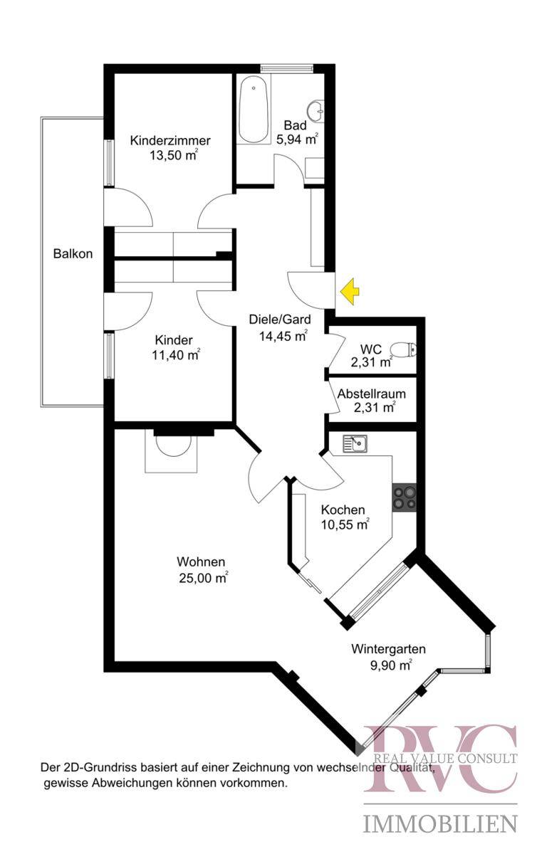 Zweidimensionaler Grundriss der Wohnung mit Raumaufteilung, Balkon und Wintergarten.